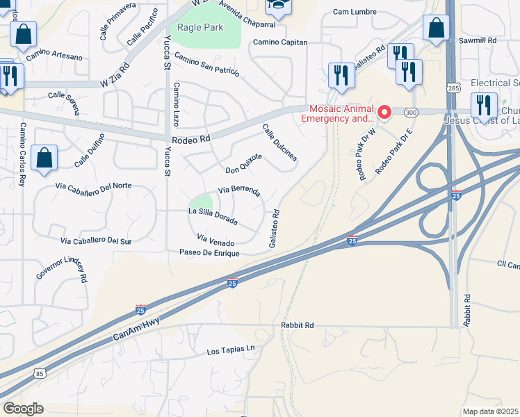 map of restaurants, bars, coffee shops, grocery stores, and more near 2921 Corte Del Potro in Santa Fe