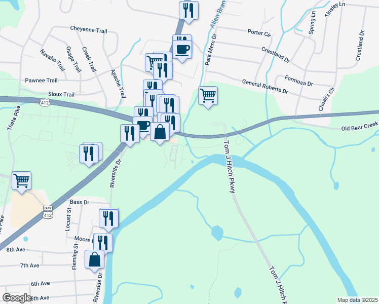 map of restaurants, bars, coffee shops, grocery stores, and more near 142 Bear Creek Pike in Columbia