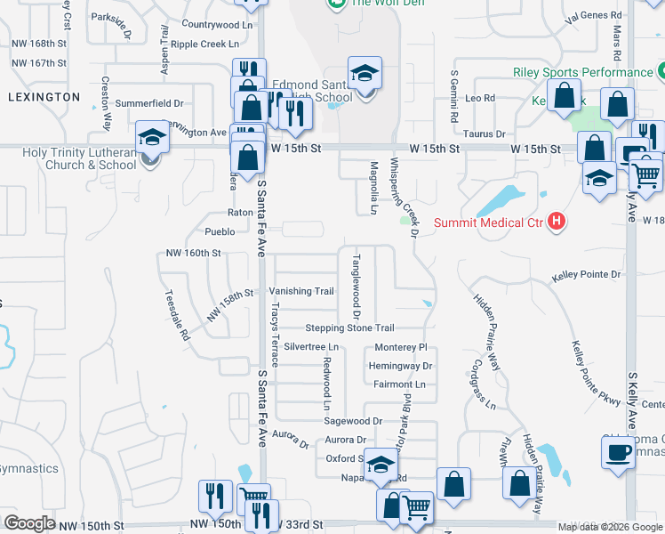 map of restaurants, bars, coffee shops, grocery stores, and more near 2000 Lazybrook Trail in Edmond