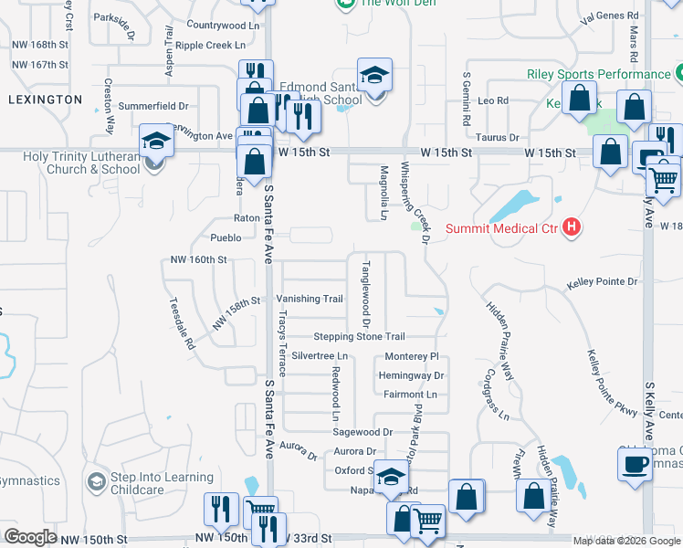 map of restaurants, bars, coffee shops, grocery stores, and more near 2000 Lazybrook Trail in Edmond