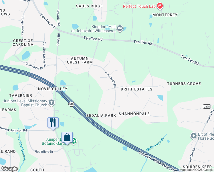 map of restaurants, bars, coffee shops, grocery stores, and more near 10004 Joe Leach Road in Raleigh