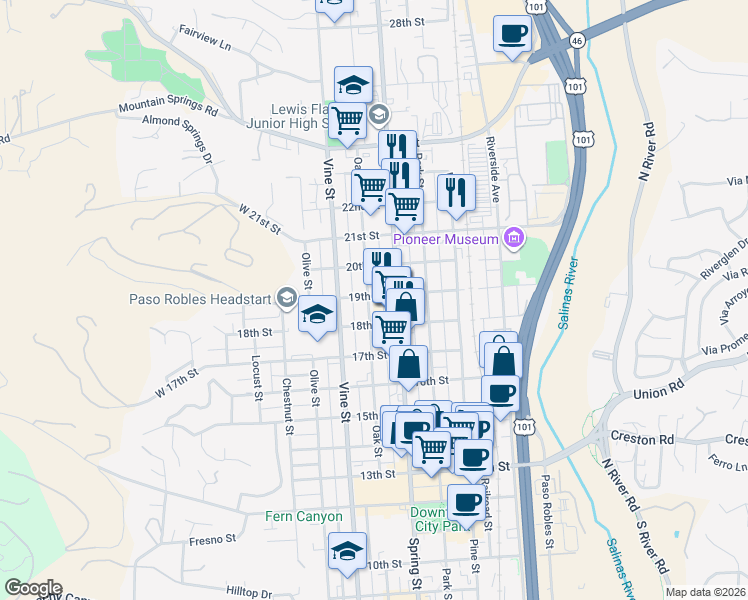 map of restaurants, bars, coffee shops, grocery stores, and more near 1846 Oak Street in Paso Robles