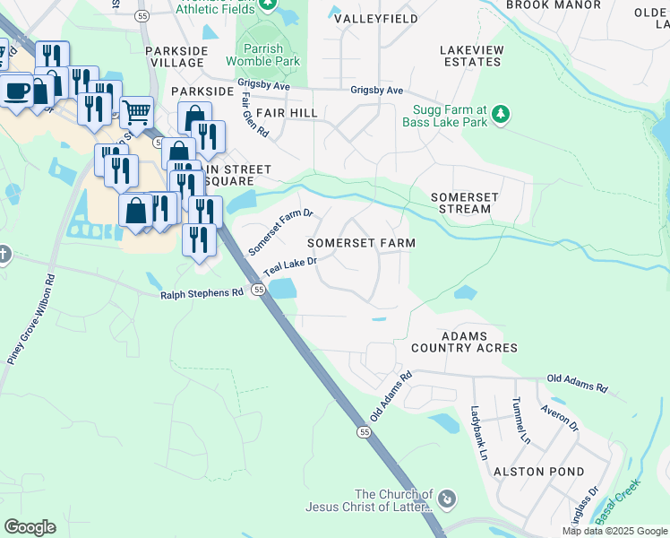 map of restaurants, bars, coffee shops, grocery stores, and more near 205 Antique Lace Way in Holly Springs
