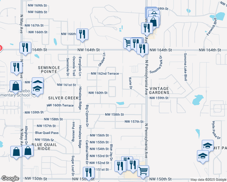 map of restaurants, bars, coffee shops, grocery stores, and more near 16105 Panther Way in Edmond