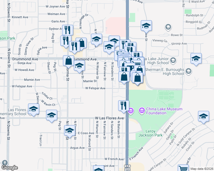 map of restaurants, bars, coffee shops, grocery stores, and more near 708 North Fairview Street in Ridgecrest