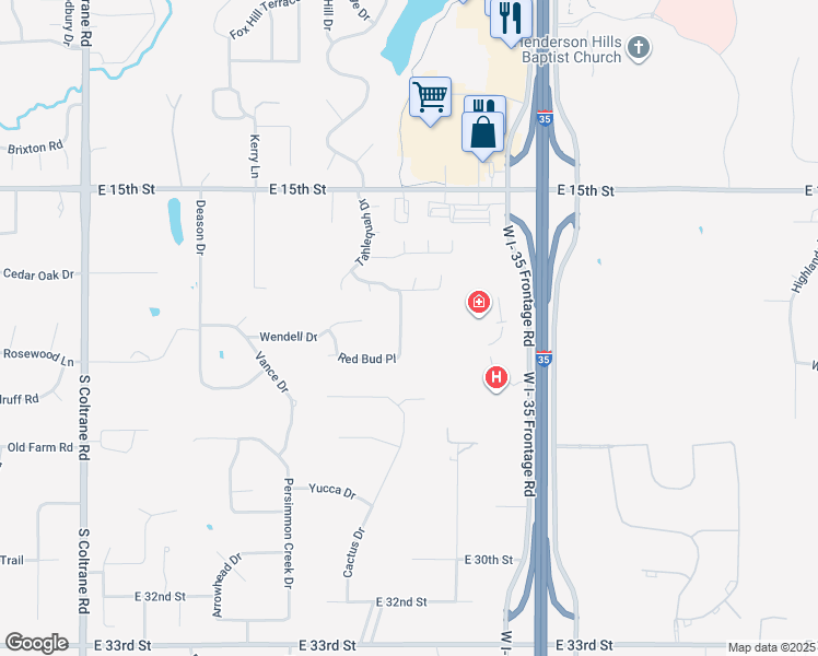 map of restaurants, bars, coffee shops, grocery stores, and more near 2018 Red Bud Place in Edmond