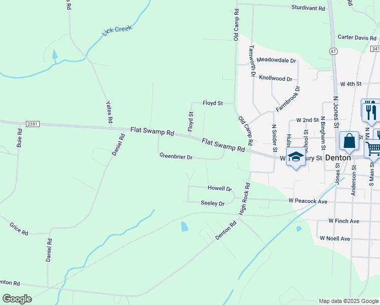 map of restaurants, bars, coffee shops, grocery stores, and more near 355 Greenbrier Drive in Denton