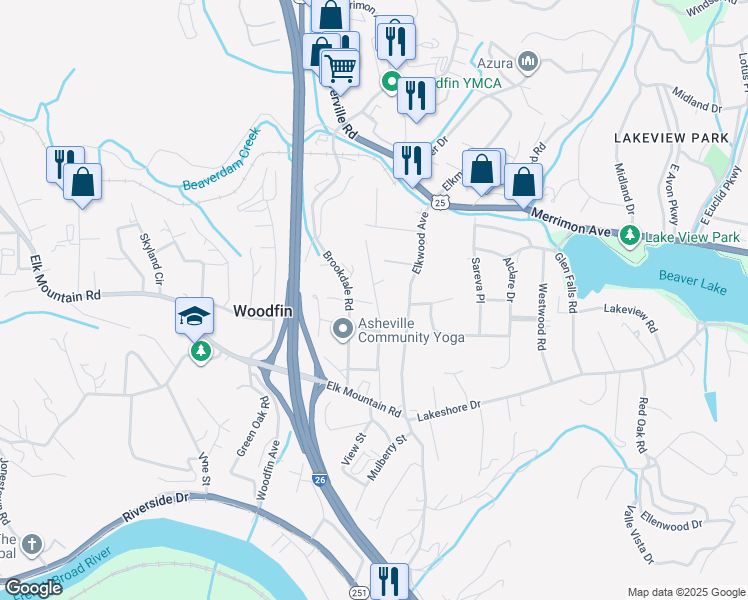 map of restaurants, bars, coffee shops, grocery stores, and more near 35 Brookdale Road in Woodfin