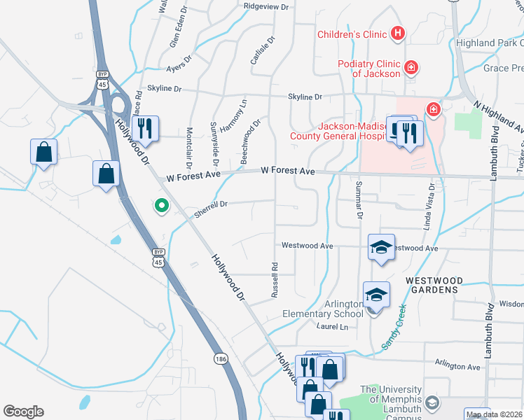 map of restaurants, bars, coffee shops, grocery stores, and more near 102 Sherrell Drive in Jackson