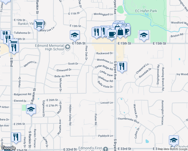map of restaurants, bars, coffee shops, grocery stores, and more near 1900 Cedar Ridge Road in Edmond