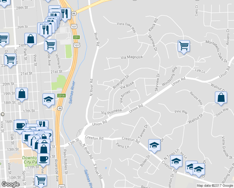 map of restaurants, bars, coffee shops, grocery stores, and more near 1532 Via Rosa in Paso Robles