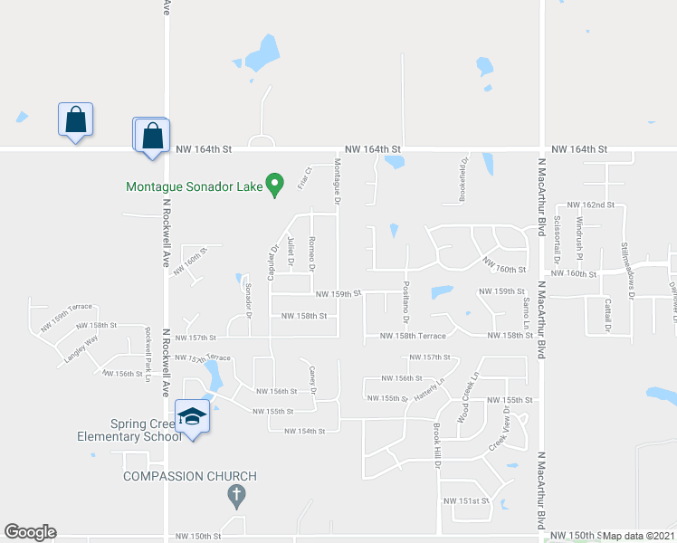 map of restaurants, bars, coffee shops, grocery stores, and more near 16017 Montague Drive in Edmond