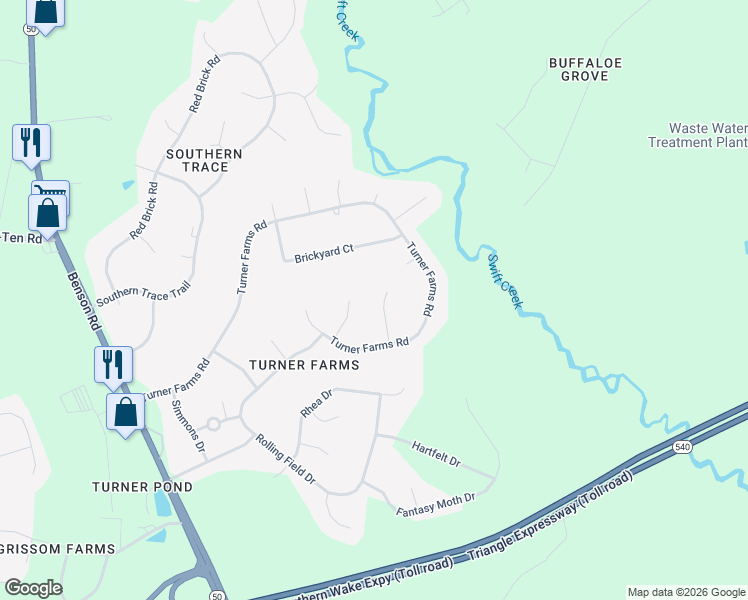 map of restaurants, bars, coffee shops, grocery stores, and more near 5616 Treestand Court in Garner