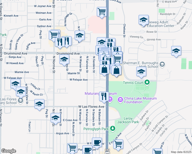 map of restaurants, bars, coffee shops, grocery stores, and more near 704 North Sanders Street in Ridgecrest