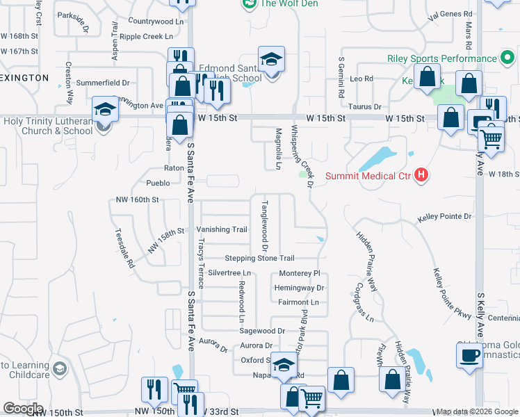 map of restaurants, bars, coffee shops, grocery stores, and more near 2008 Tanglewood Drive in Edmond