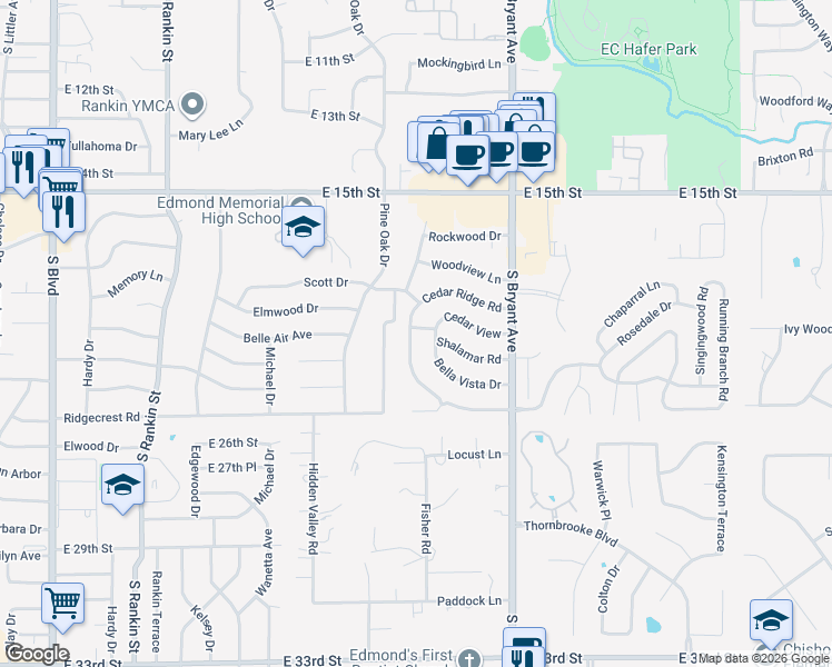 map of restaurants, bars, coffee shops, grocery stores, and more near 1900 Cedar Ridge Road in Edmond
