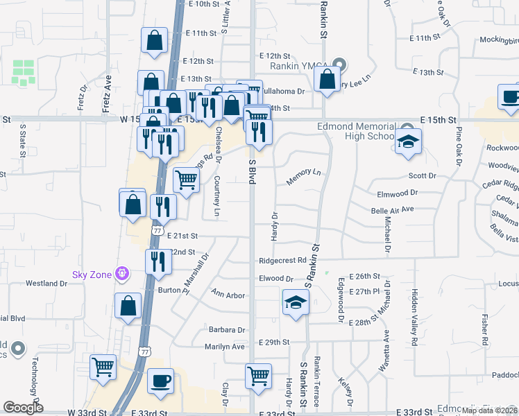 map of restaurants, bars, coffee shops, grocery stores, and more near 1900 South Boulevard in Edmond