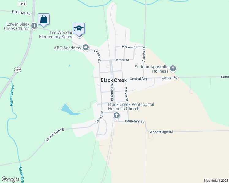 map of restaurants, bars, coffee shops, grocery stores, and more near East Center Street in Black Creek