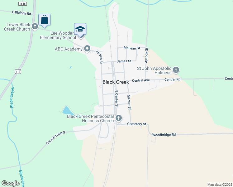 map of restaurants, bars, coffee shops, grocery stores, and more near East Center Street in Black Creek