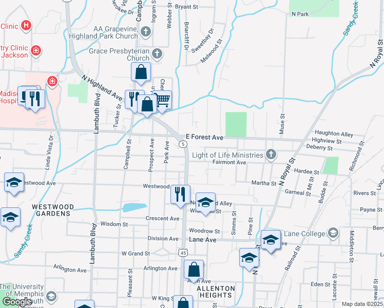 map of restaurants, bars, coffee shops, grocery stores, and more near 1230 N Highland Ave in Jackson