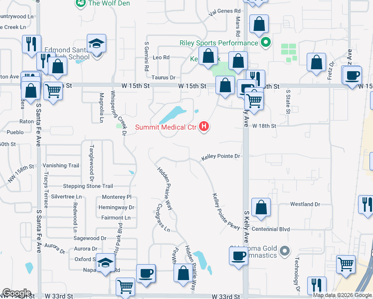 map of restaurants, bars, coffee shops, grocery stores, and more near 1324 Woodgrass Court in Edmond
