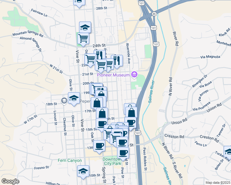 map of restaurants, bars, coffee shops, grocery stores, and more near 834 19th Street in Paso Robles