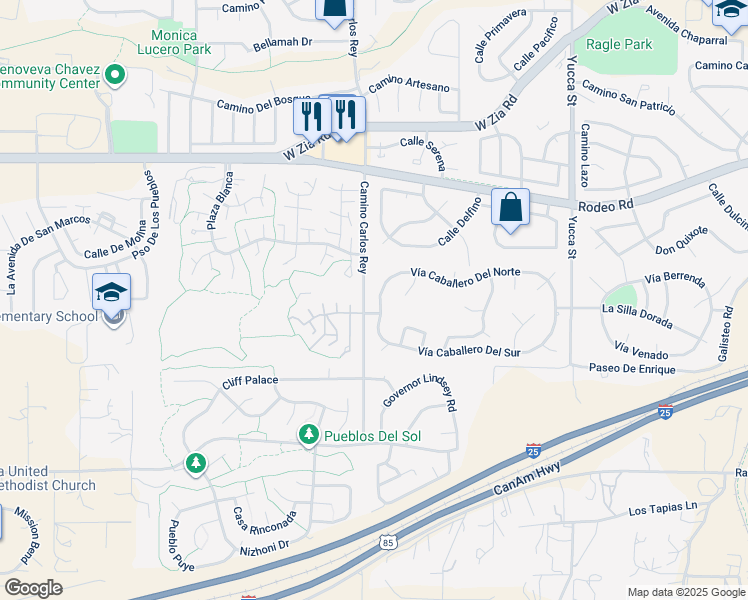 map of restaurants, bars, coffee shops, grocery stores, and more near 2699 Vía Caballero Del Norte in Santa Fe