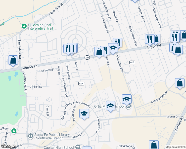 map of restaurants, bars, coffee shops, grocery stores, and more near 3920 Buffalo Grass Road in Santa Fe