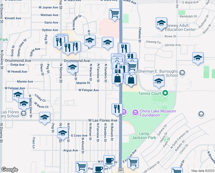 map of restaurants, bars, coffee shops, grocery stores, and more near 714 North Sanders Street in Ridgecrest