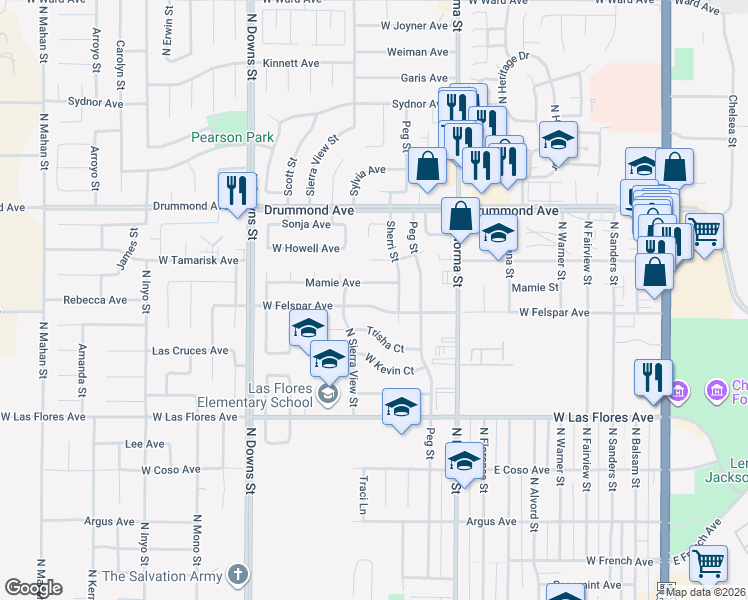 map of restaurants, bars, coffee shops, grocery stores, and more near 632 West Felspar Avenue in Ridgecrest