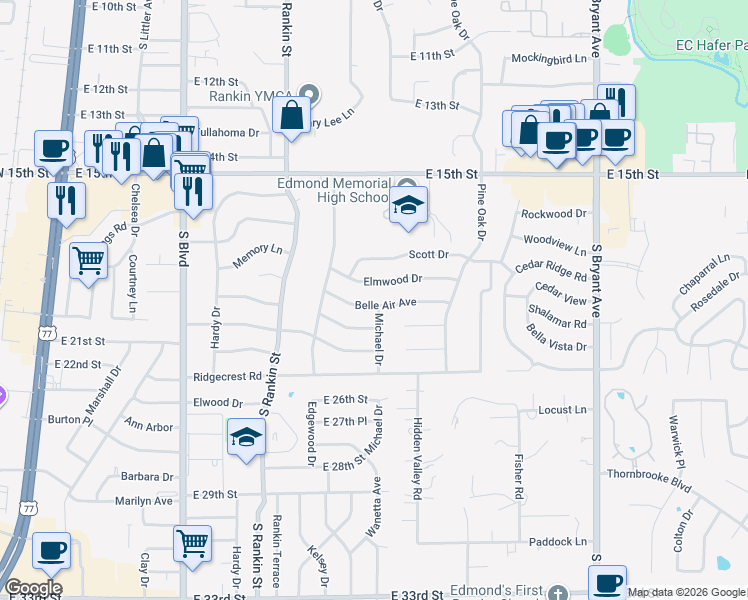 map of restaurants, bars, coffee shops, grocery stores, and more near 641 Belle Air Avenue in Edmond