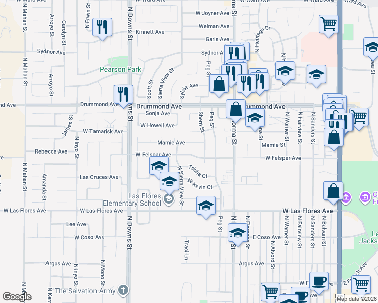 map of restaurants, bars, coffee shops, grocery stores, and more near 632 West Felspar Avenue in Ridgecrest