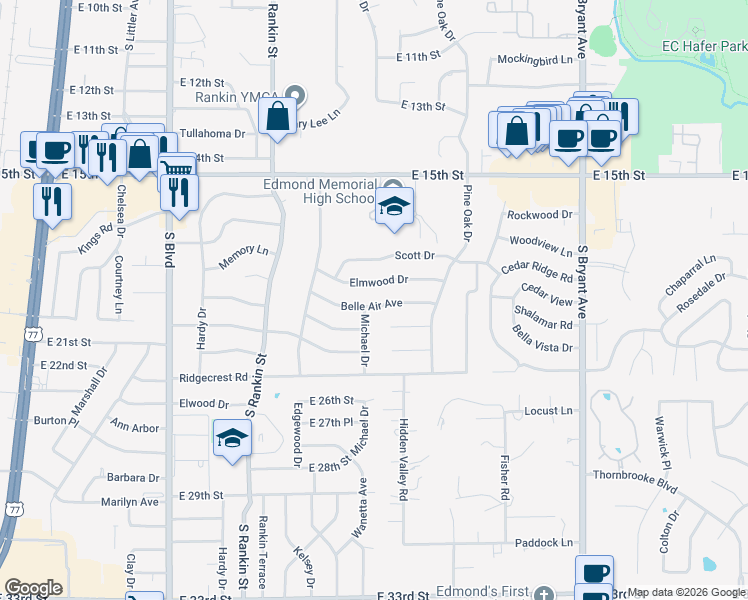 map of restaurants, bars, coffee shops, grocery stores, and more near 641 Belle Air Avenue in Edmond