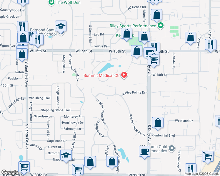 map of restaurants, bars, coffee shops, grocery stores, and more near 1324 Woodgrass Court in Edmond