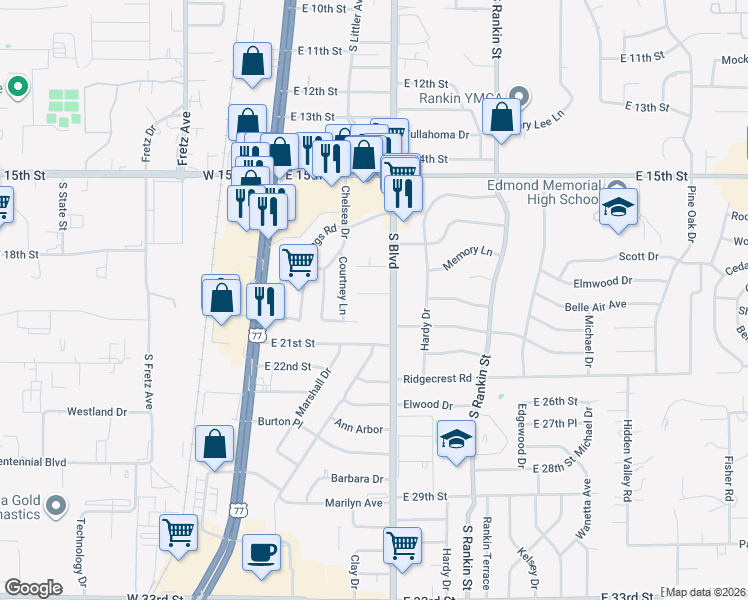 map of restaurants, bars, coffee shops, grocery stores, and more near 120 South Avenue in Edmond