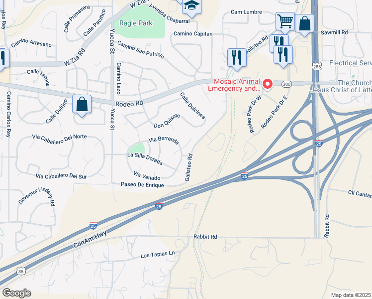 map of restaurants, bars, coffee shops, grocery stores, and more near 2921 Corte Del Potro in Santa Fe