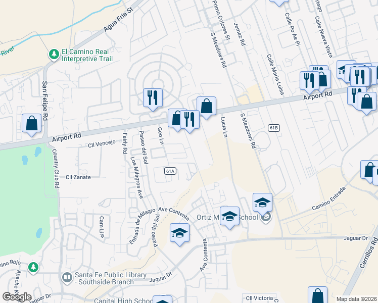 map of restaurants, bars, coffee shops, grocery stores, and more near 3920 Buffalo Grass Road in Santa Fe