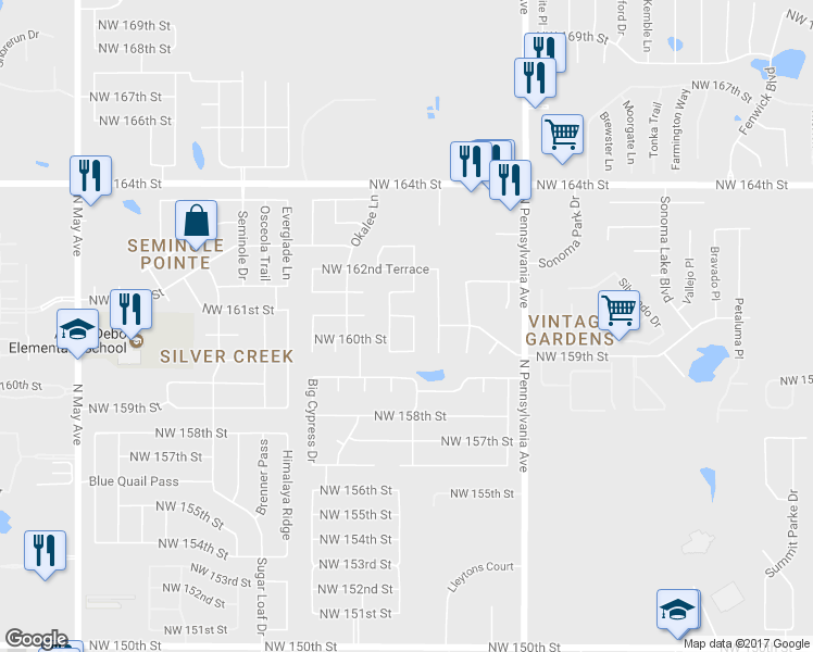 map of restaurants, bars, coffee shops, grocery stores, and more near 16105 Panther Way in Edmond