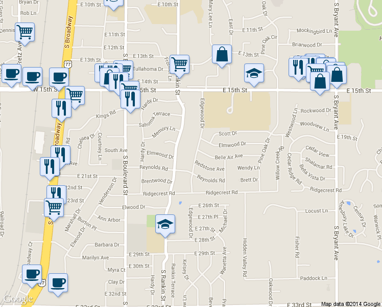 map of restaurants, bars, coffee shops, grocery stores, and more near 1809 Edgewood Dr in Edmond
