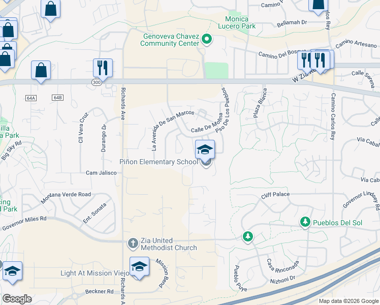 map of restaurants, bars, coffee shops, grocery stores, and more near 2912 Avenida Alamosa in Santa Fe