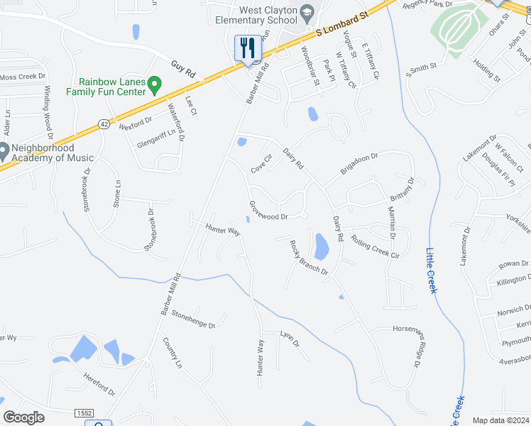 map of restaurants, bars, coffee shops, grocery stores, and more near 1220 Grovewood Drive in Clayton