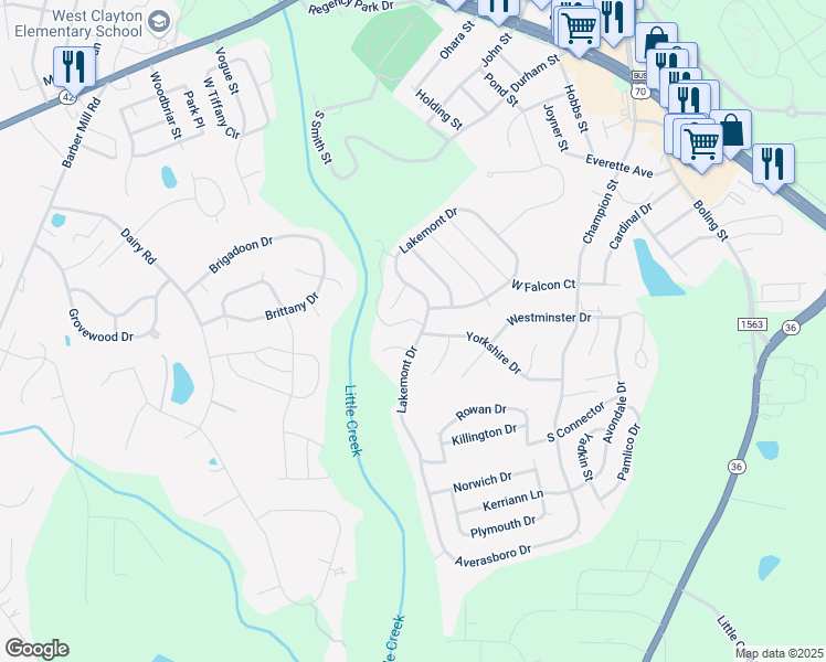 map of restaurants, bars, coffee shops, grocery stores, and more near 851 Yorkshire Drive in Clayton