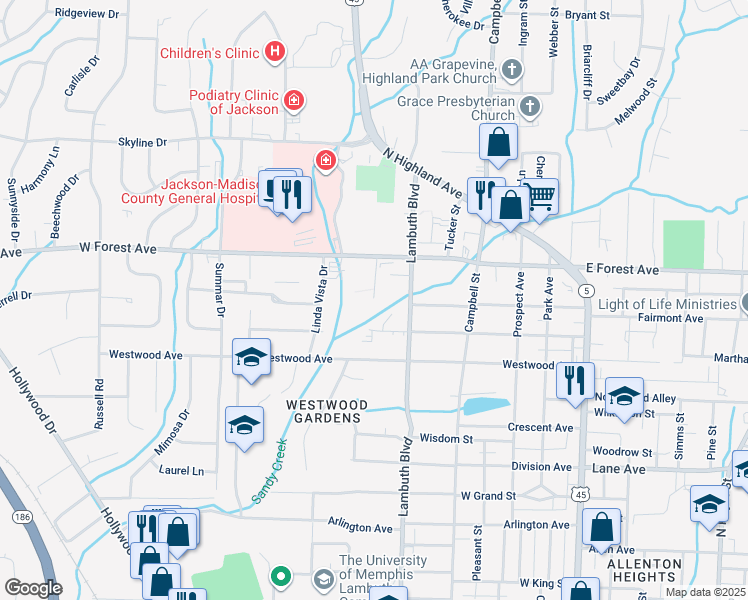 map of restaurants, bars, coffee shops, grocery stores, and more near 45 Forest Cove in Jackson