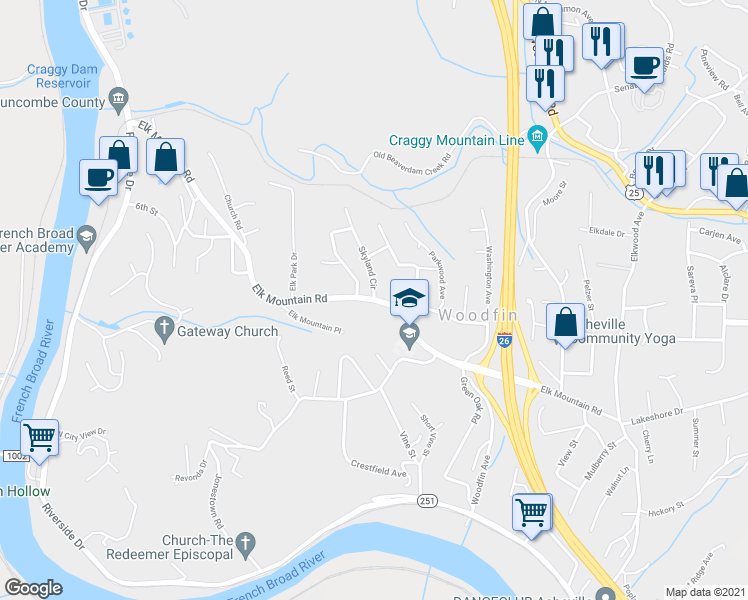 map of restaurants, bars, coffee shops, grocery stores, and more near Elk Mountain Road in Asheville