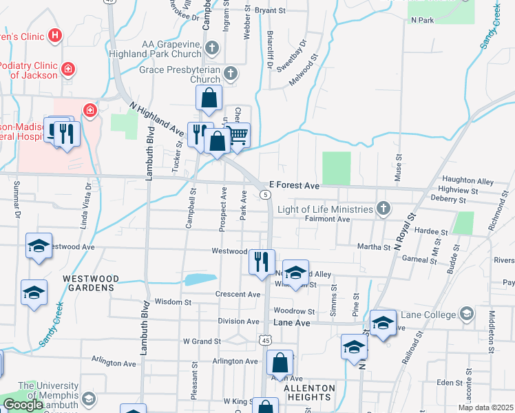 map of restaurants, bars, coffee shops, grocery stores, and more near 115 Walnut Street in Jackson