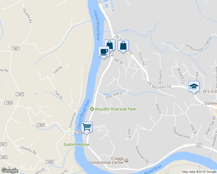 map of restaurants, bars, coffee shops, grocery stores, and more near 22 Trey-Bourne Drive in Woodfin
