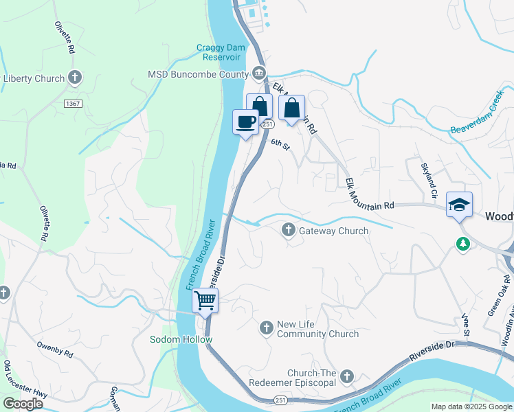 map of restaurants, bars, coffee shops, grocery stores, and more near 22 Trey-Bourne Drive in Woodfin