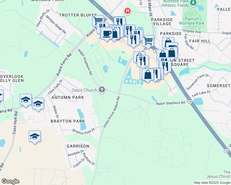 map of restaurants, bars, coffee shops, grocery stores, and more near 1720 Ralph Stephens Road in Holly Springs