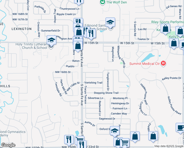 map of restaurants, bars, coffee shops, grocery stores, and more near 2112 Lazybrook Trail in Edmond