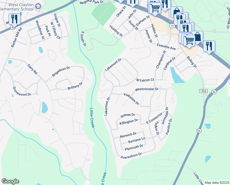 map of restaurants, bars, coffee shops, grocery stores, and more near 837 Yorkshire Drive in Clayton